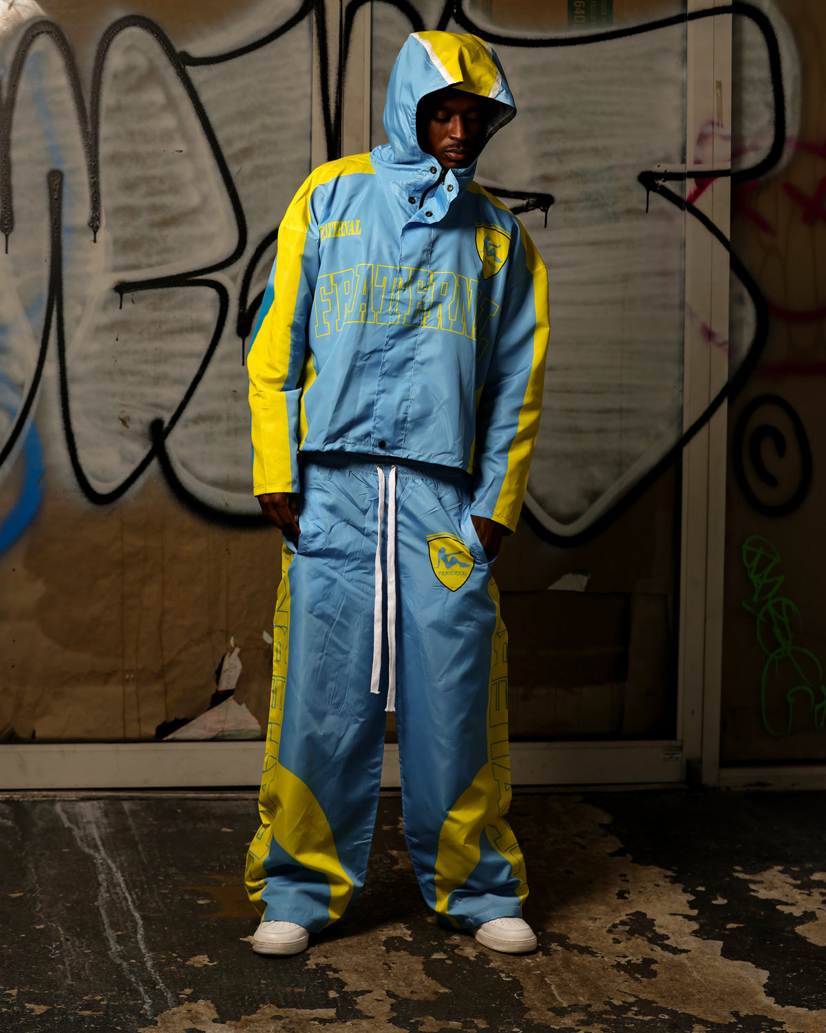 Fraternal Grand Prix hoodie and pants in sky blue and yellow